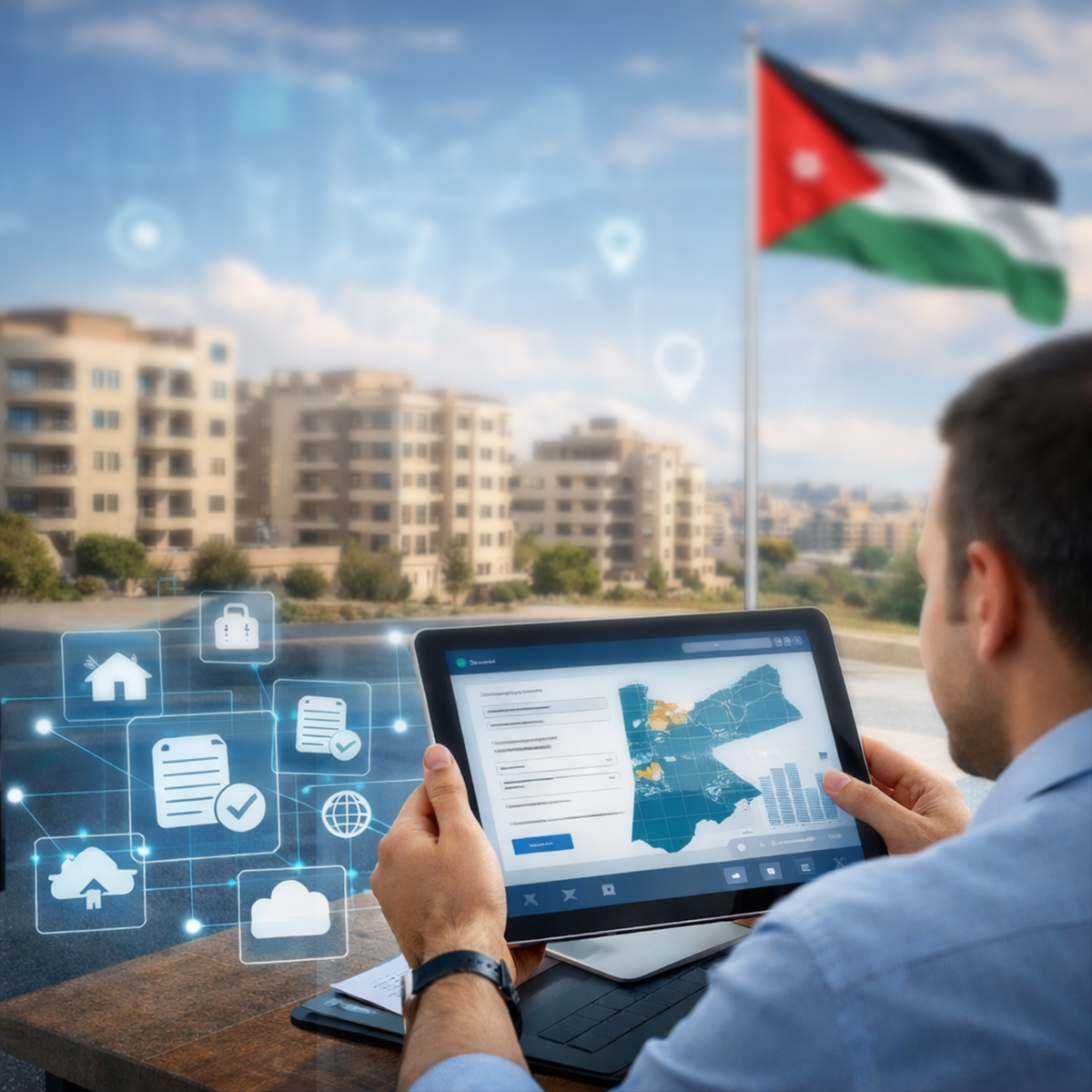 مواطن يستخدم خدمة براءة الذمة المالية إلكترونيًا ضمن مشروع التحول الإلكتروني في الأردن مع ظهور علم الأردن