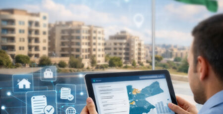 Citizen using the online Property Clearance Certificate service in Jordan with the Jordanian flag displayed